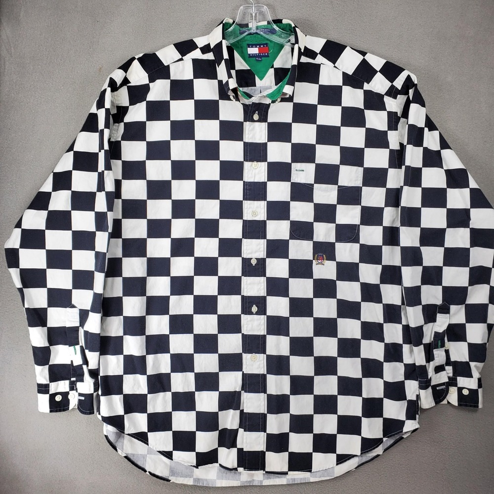 Tommy Hilfiger Button Up Shirt Mens XL Black White Checkerboard VTG 90s Crest